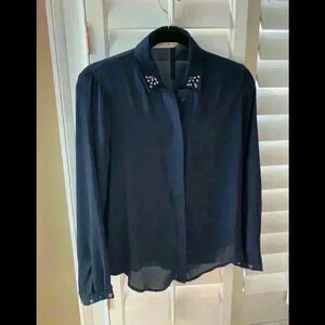 Zara Navy Long sleeve Shirt with rhinestones on collar and cuffs
